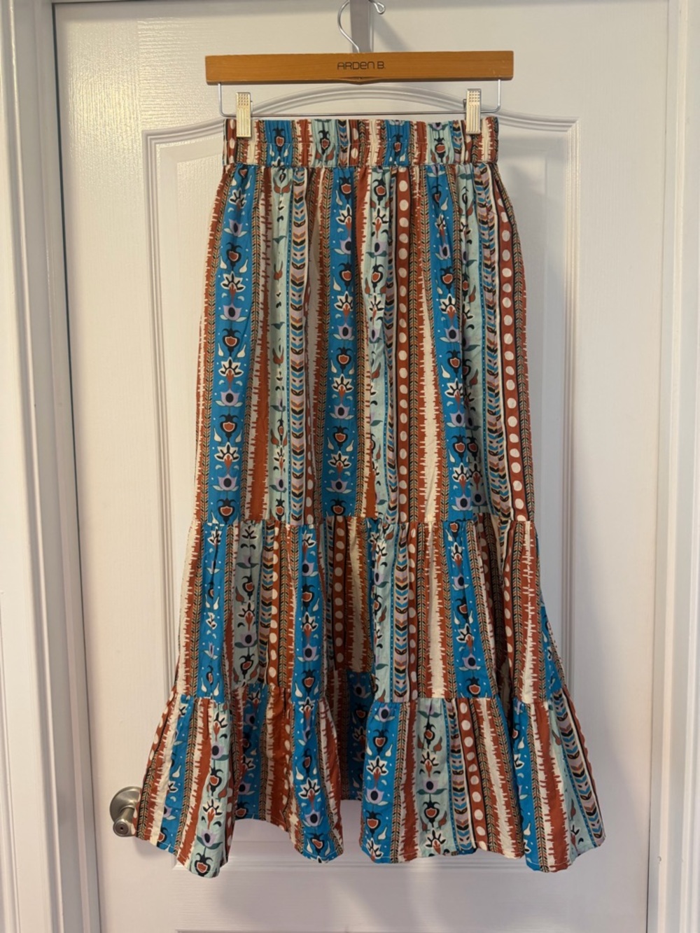 Boho Tiered Midi Skirt in Teal and Rust